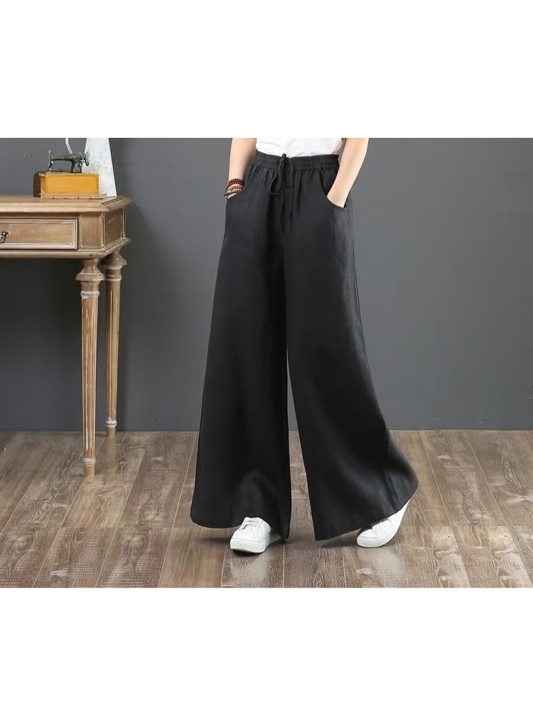 Barbora Linen Casual Trousers with Elastic Waistband and Lace-Up LN12BLACK - Image 1